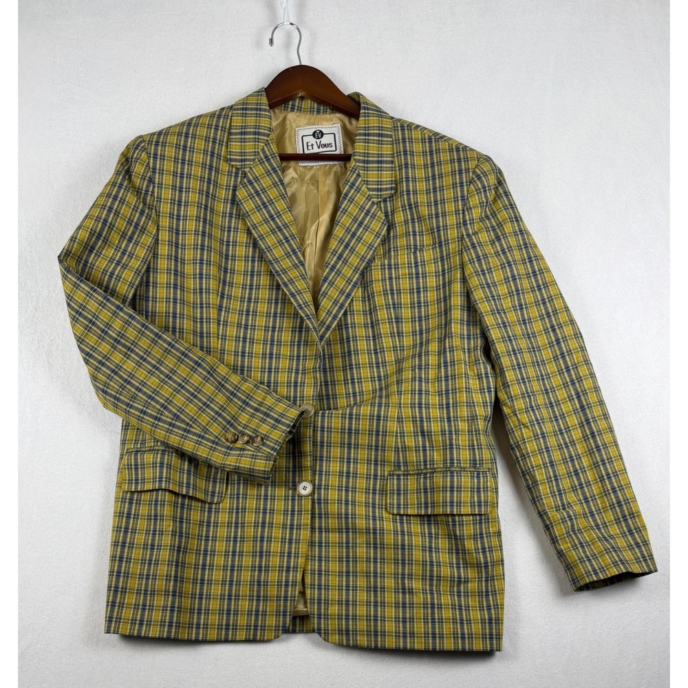 Vintage Et Vous Plaid Blazer Jacket Yellow Blue 100% Cotton Made in France 80s M